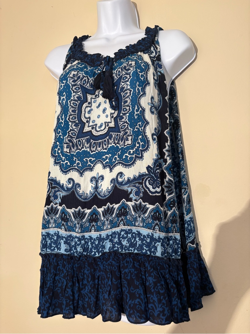 Bila Blue& White Printed Tassel Top-Halter Tunic. Flowy& Breezy.#boho-chic